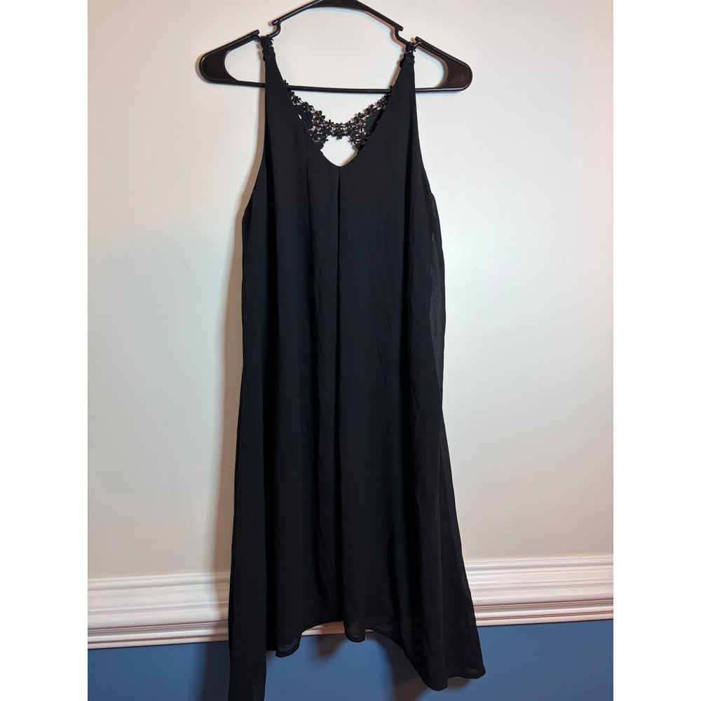 altard Chiffon Shift Dress Womens L Black Crochet Lace V-Neck Sleeveless Boho